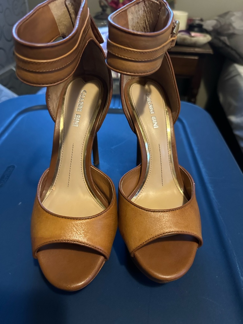 Gianni Bini Brown Leather Ankle-Strap High Heel Sandals